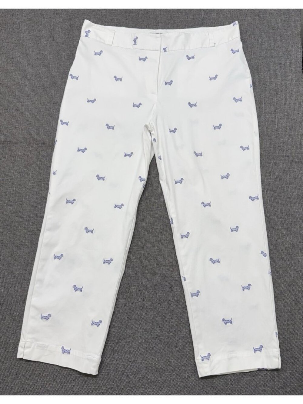 Talbots Heritage Dog Chino Pants White Blue Straight Capri Embroidered Dashund